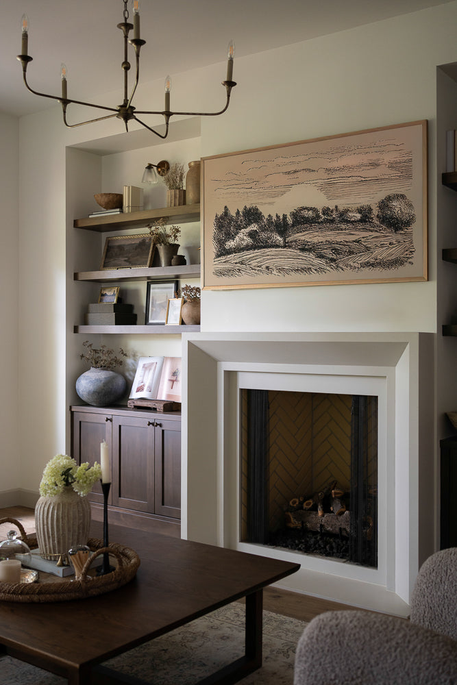Newport cast stone fireplace installed in the Ellis Cottage.