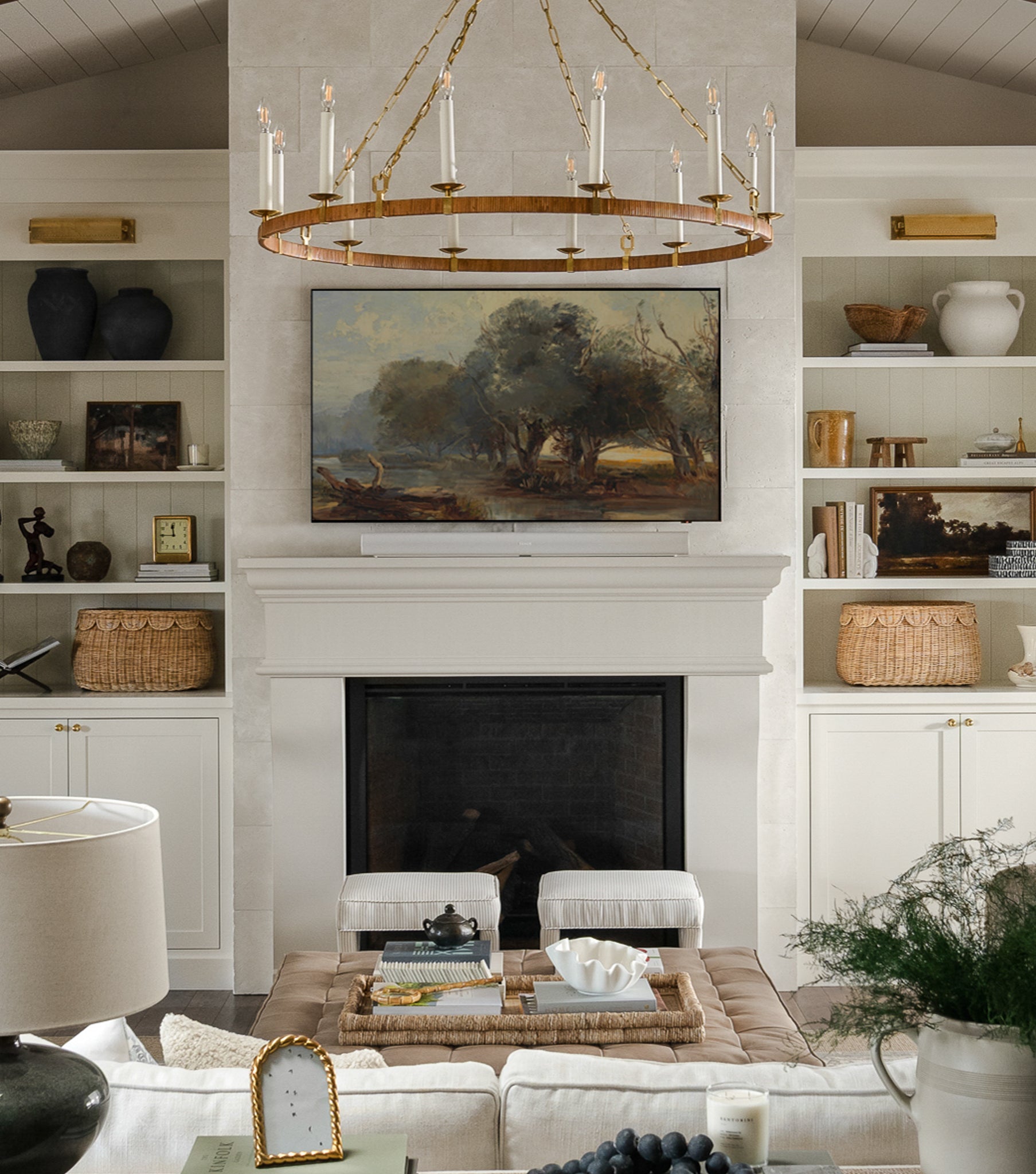 New French cast limestone fireplace surround — professional installation photo