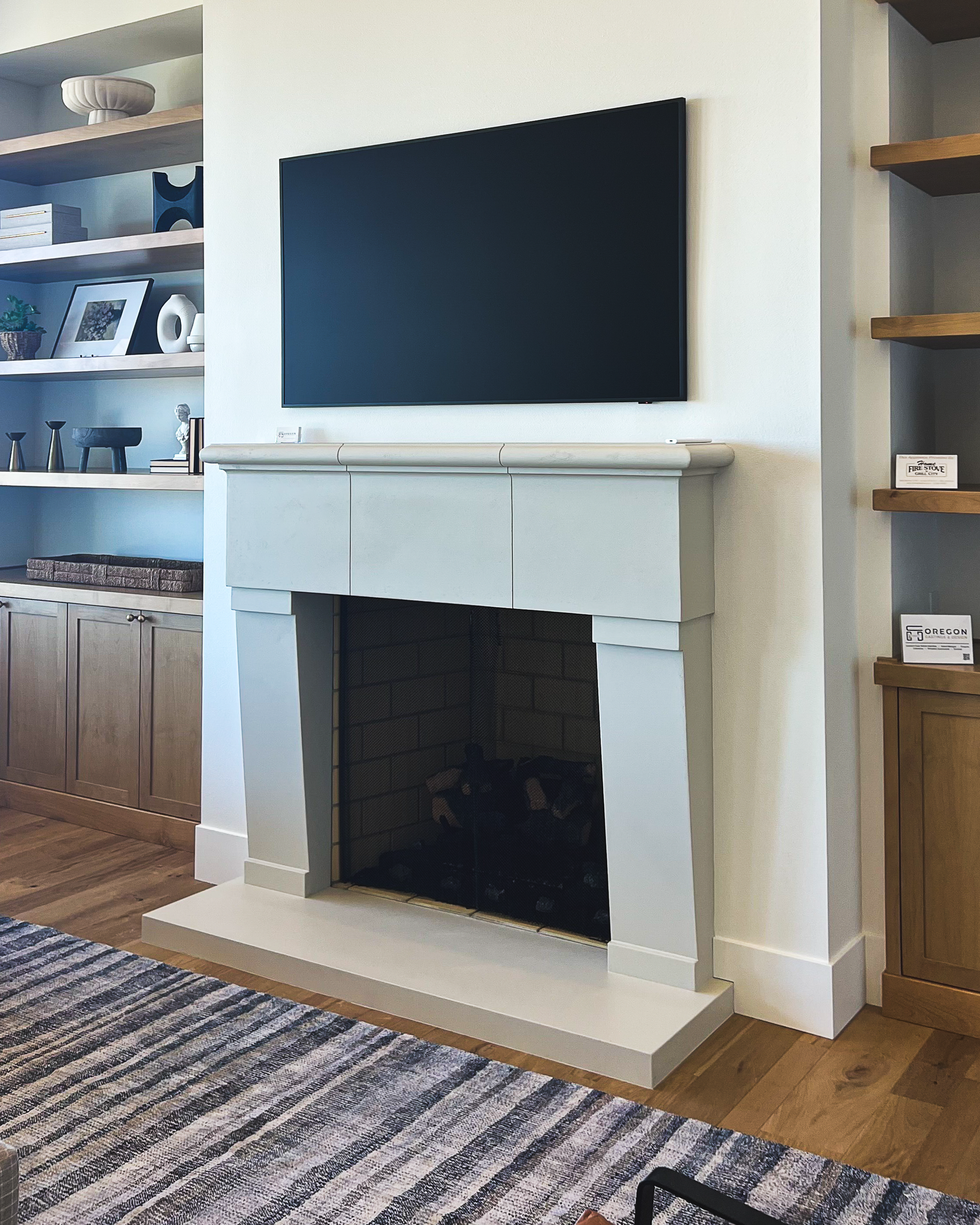 Meduri cast limestone mantle installed in a modern living space