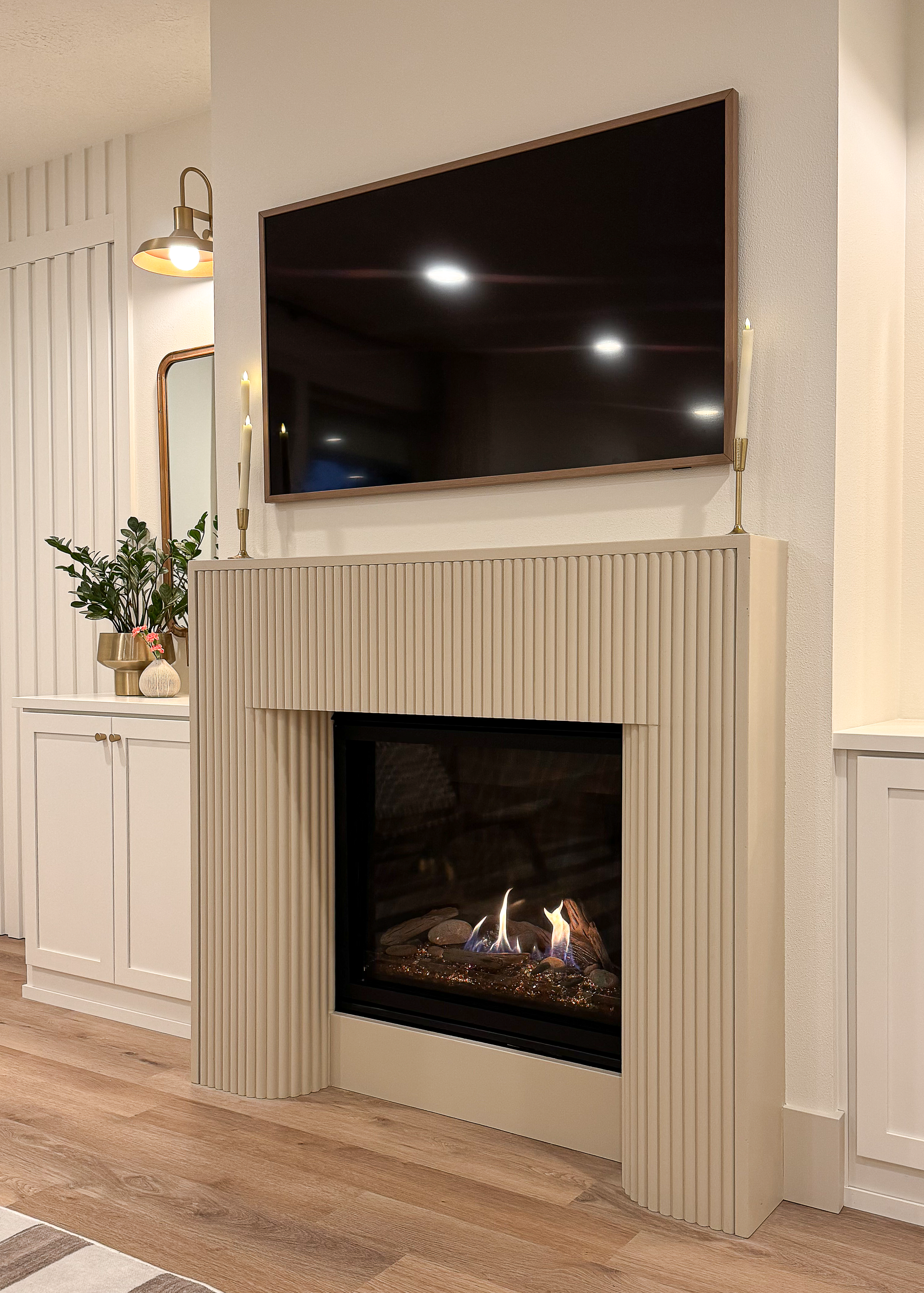 Florenza cast limestone mantle installed in a modern living space